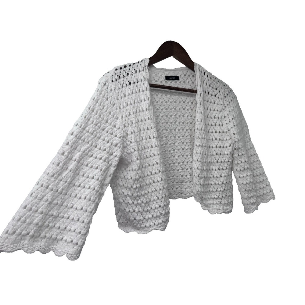 Alfani‎ cardigan sweater open knit cropped scalloped cottage beach boho cover up